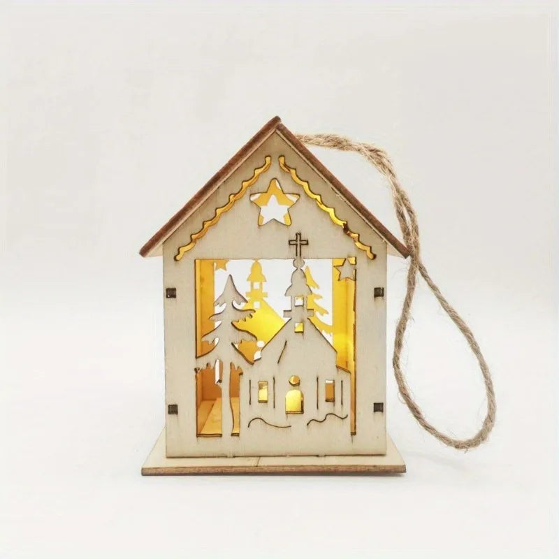 Christmas Wooden Crafts Wooden Christmas Small House Cabin Lighting Ornaments Pendant Christmas Tree Decoration