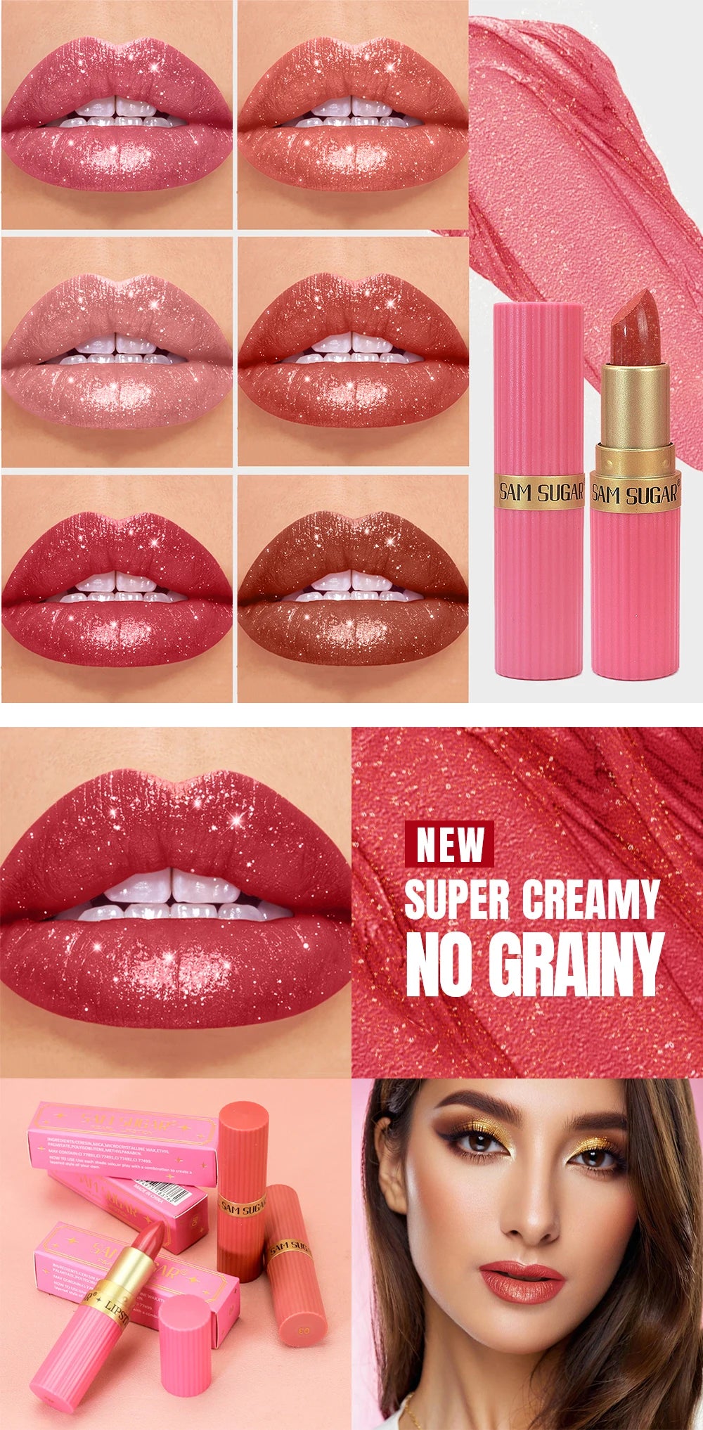 Pearlescent Pink Glitter Velvet Lipstick Metallic Waterproof Long Lasting Matte Shimmer Diamond Lipstick Women Makeup Cosmetic