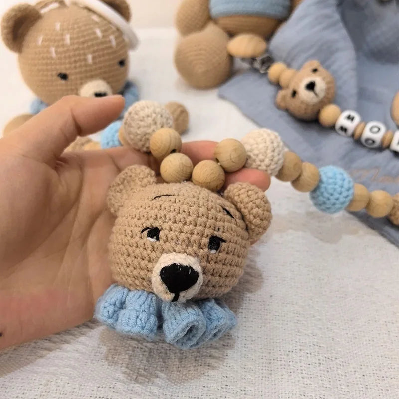 Personalization Crochet Animal Baby Towel Toy Wooden Newborn toys Bear Stuffed Doll Cotton Towel Sleeping dolls