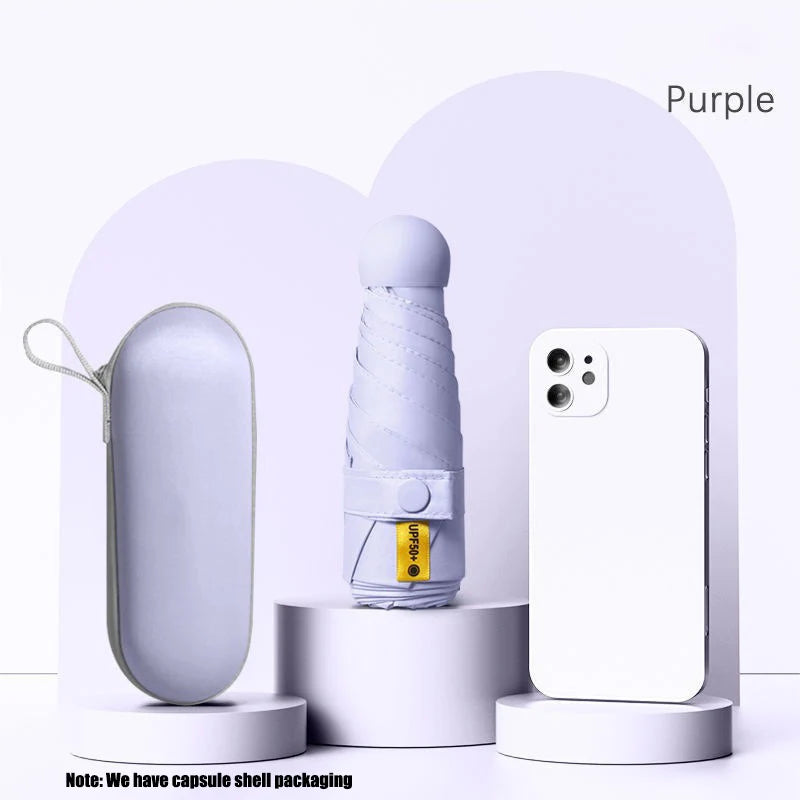 Solid Color Capsule Umbrella Portable Mini Sunshade Sunscreen Rain Umbrella Black Rubber Alloy Handle Foldable Sun Rain Dual Use