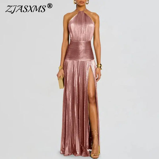 New Solid Pleated Sexy Hollow Halter Split Long Party Dress
