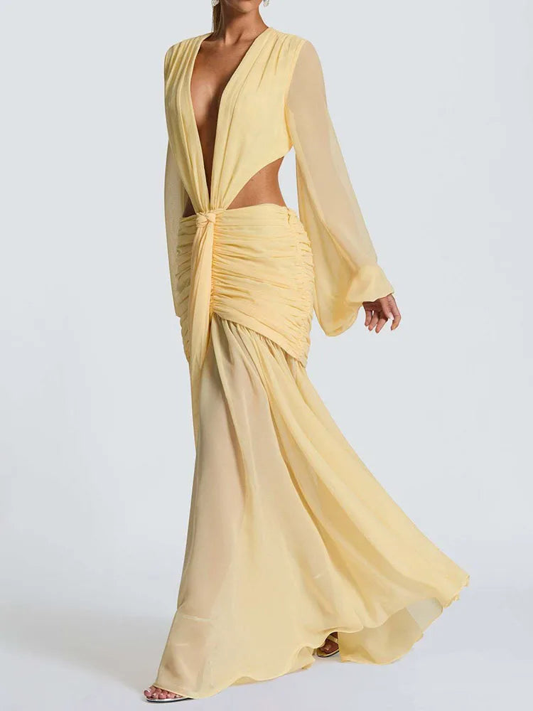 summer women deep v neck backless draped party dress