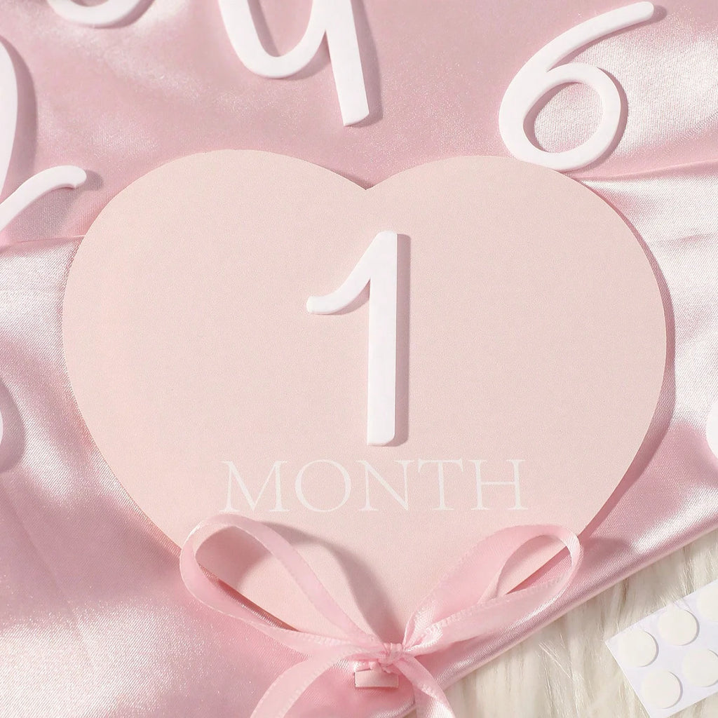 Ylsteed heart shaped pink baby monthly milestone signs pink ribbon newborn monthly photo props  matching with number 0-12