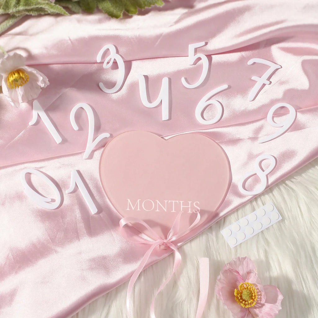 Ylsteed heart shaped pink baby monthly milestone signs pink ribbon newborn monthly photo props  matching with number 0-12