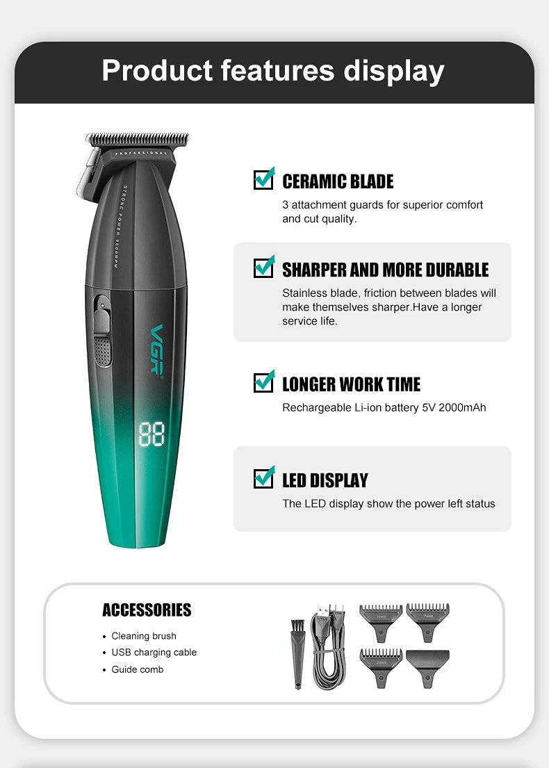 VGR Hair Trimmer Professional Hair Cutting Machine Cordless Hair Clipper 9000 RPM Haircut Barber Metal Trimmer for Men V-906