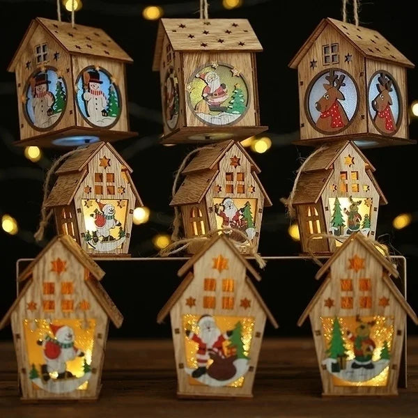 Christmas LED Light Wood House Cute Tree Hanging Pendant Window Decoration Ornaments Children's Handmade DIY Gift