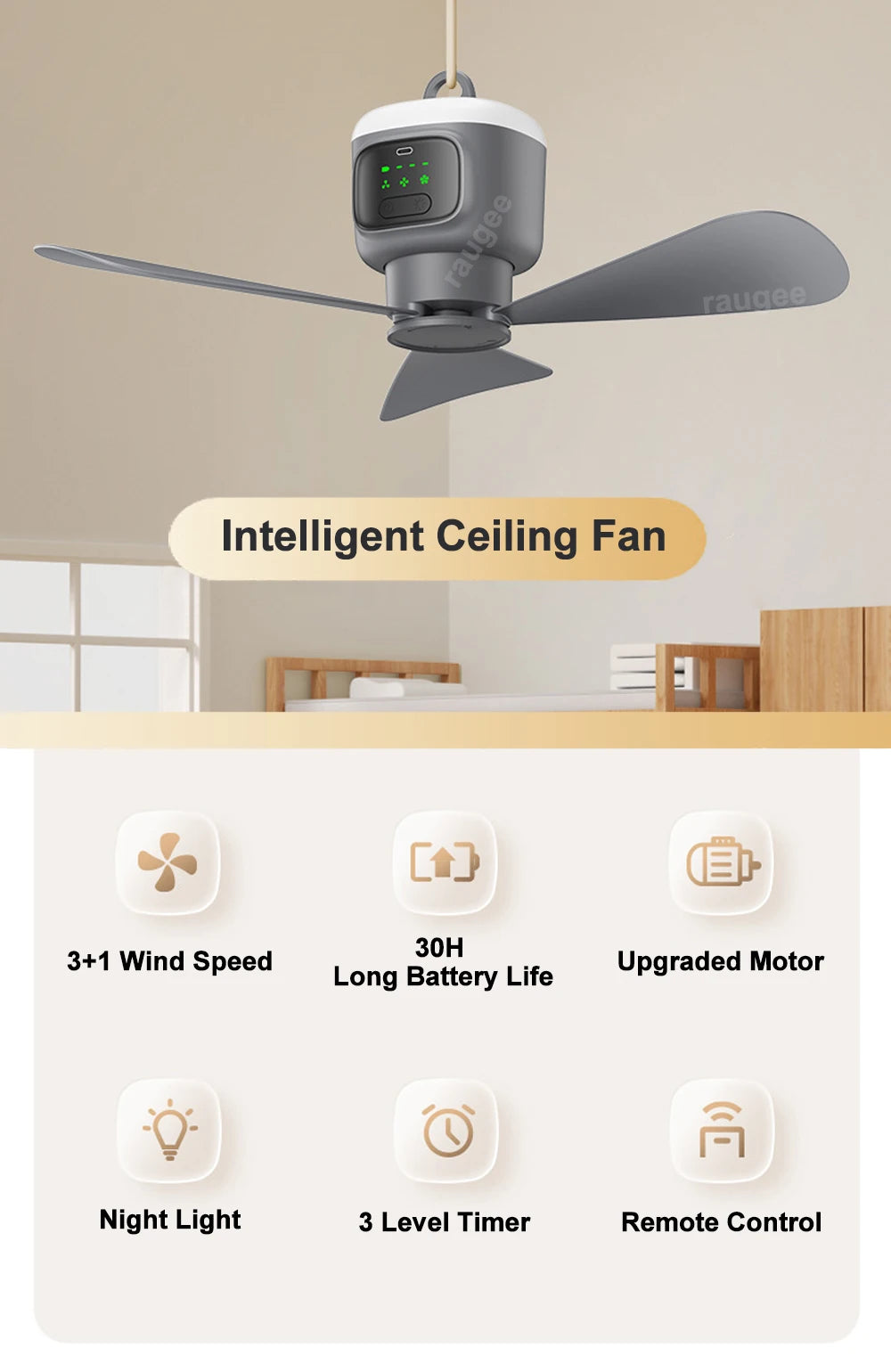 Ceiling Fan 12000mAh Wireless Portable Camping Ceiling Fan USB Rechargeable Tent Ceiling Fan with Lighting and Remote Control