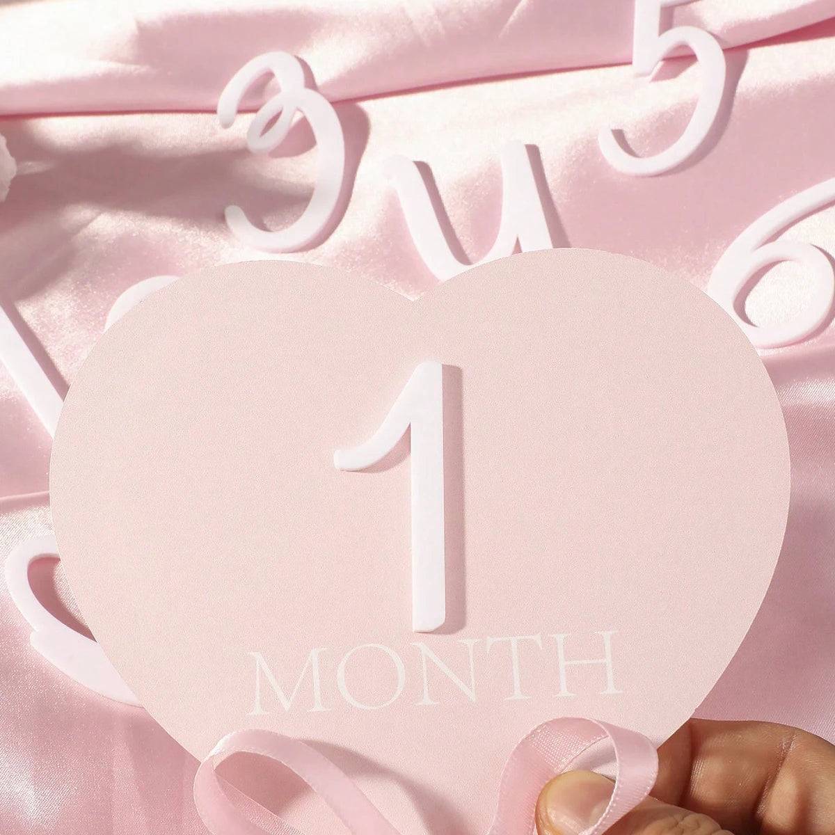 Ylsteed heart shaped pink baby monthly milestone signs pink ribbon newborn monthly photo props  matching with number 0-12