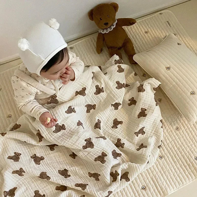 Baby Bath Towel 90cmX130cm Bear Print Blanket Muslin Breathable Infant Cotton Gauze Swaddle Wrap Bedding Baby Stroller Cover