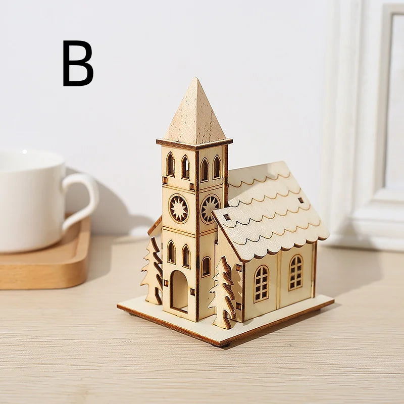Christmas LED Light Wooden House Village Unfinished Wood Xmas Village Ornament Luminous Christmas Desktop Holiday Home Decor