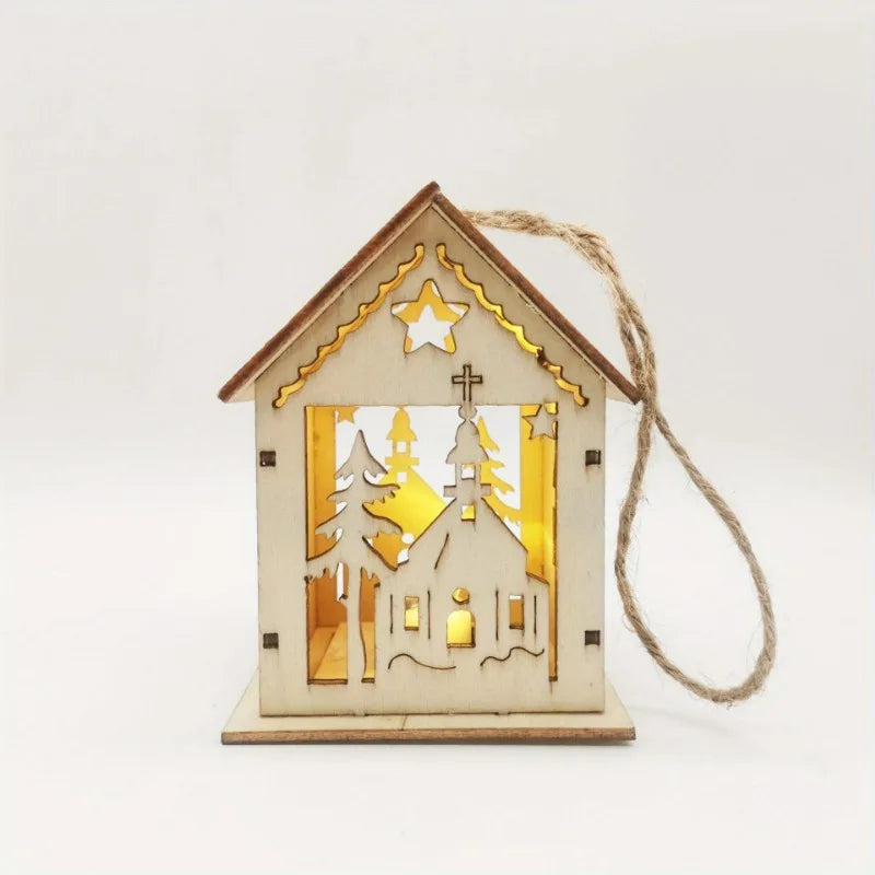 Christmas Wooden Crafts Wooden Christmas Small House Cabin Lighting Ornaments Pendant Christmas Tree Decoration