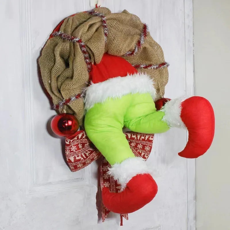 17.72inch Christmas Thief Wreath，Christmas Elf Leg Wreath， Christmas Burlap Wreath， Holiday Decoration