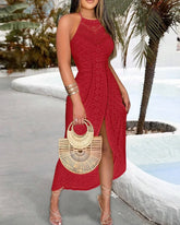 Summer Womens Halter Hollow Front Slit Ruched Maxi Dress/