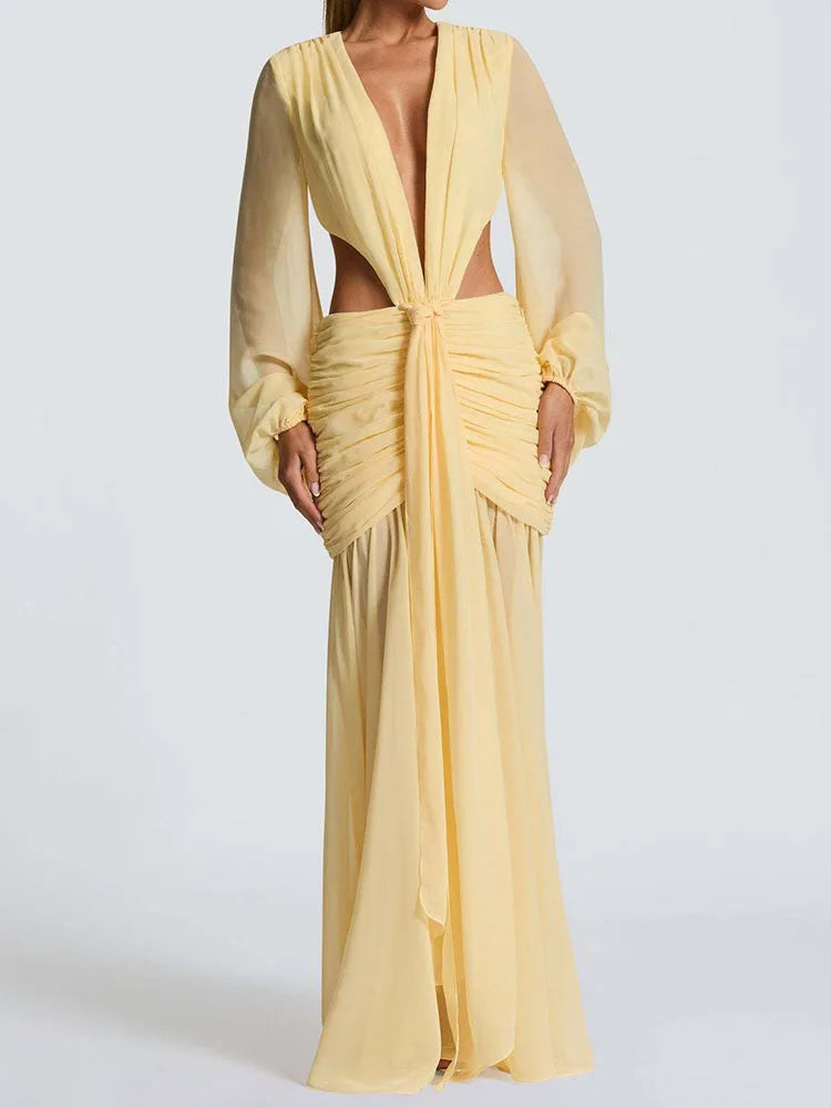 summer women deep v neck backless draped party dress