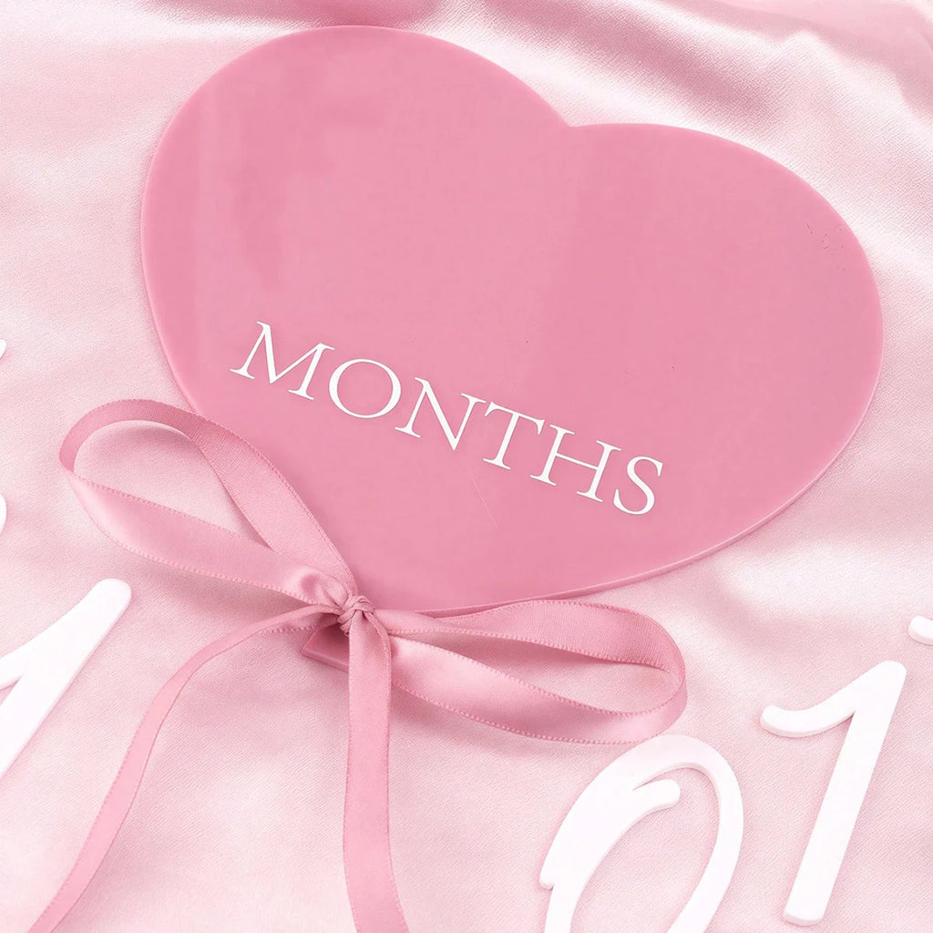 Ylsteed heart shaped pink baby monthly milestone signs pink ribbon newborn monthly photo props  matching with number 0-12