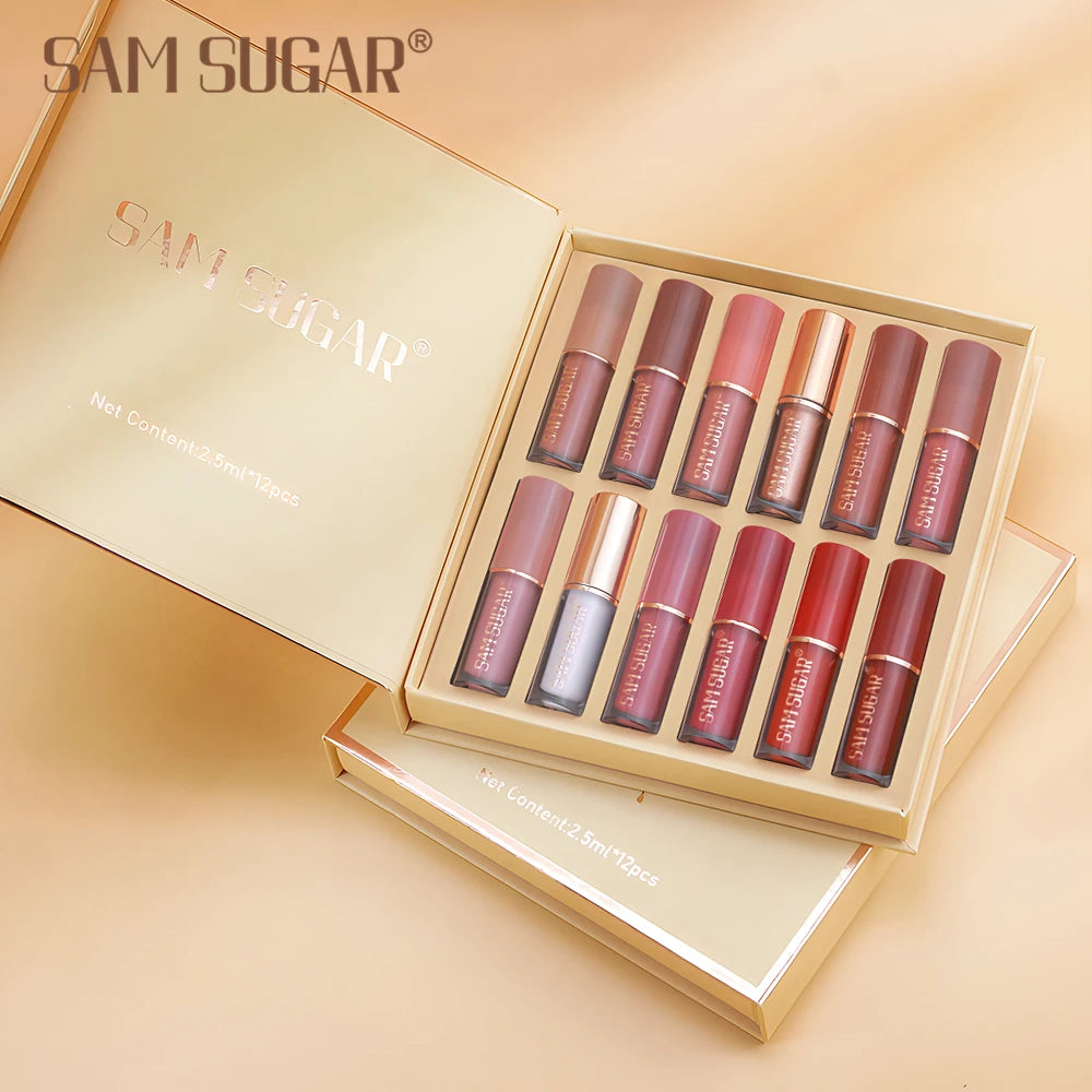 SAM SUGAR 12-Color Lip Gloss Lipstick Set Liquid Matte Velvet Women's Makeup Long-Lasting Waterproof Non-Stick Cup Non-Fade