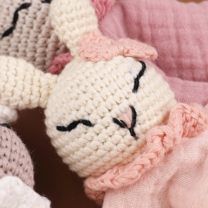 Cotton Gauze Baby Towel Crochet Bunny Rattle Doll Newborn Soothing Towel Baby Security Comforters Blanket Face Towel Washcloth