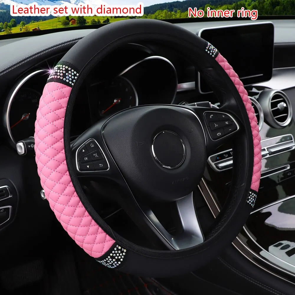 Car Steering Wheel Cover Without Inner Ring 37-38cm Three-dimensional Leather Embroidered Color Diamond-encrusted Breathable