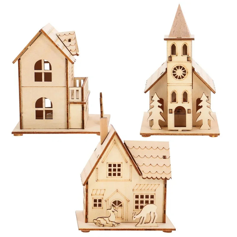 Christmas LED Light Wooden House Village Unfinished Wood Xmas Village Ornament Luminous Christmas Desktop Holiday Home Decor