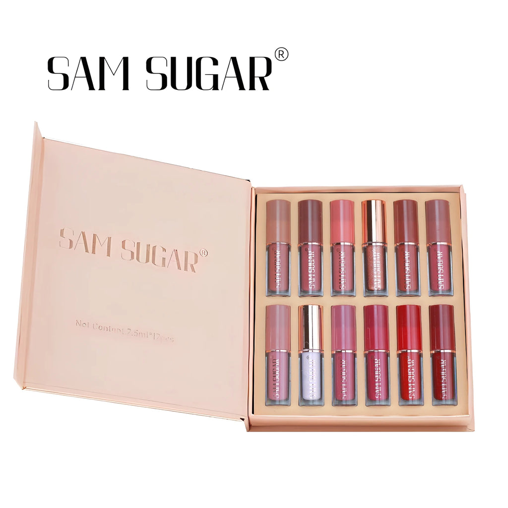 SAM SUGAR 12-Color Lip Gloss Lipstick Set Liquid Matte Velvet Women's Makeup Long-Lasting Waterproof Non-Stick Cup Non-Fade