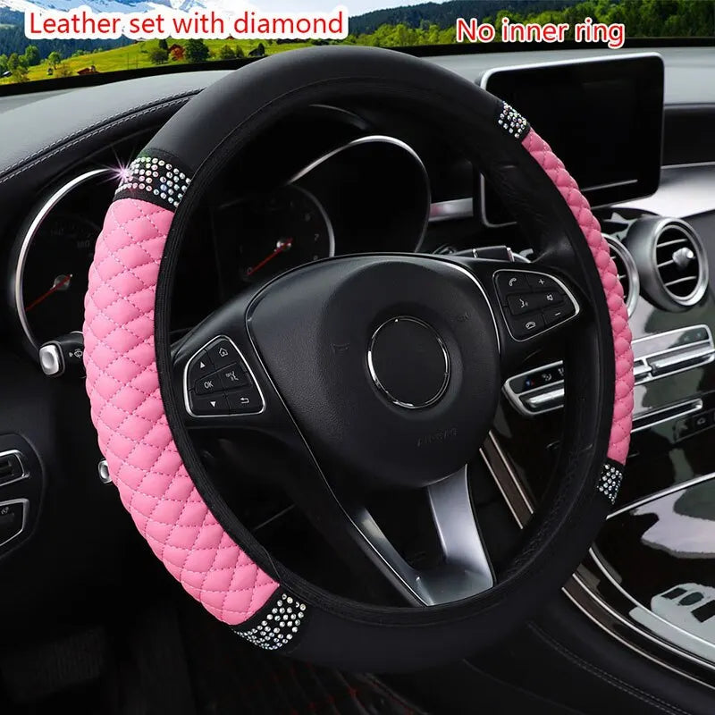 Car Steering Wheel Cover Without Inner Ring 37-38cm Three-dimensional Leather Embroidered Color Diamond-encrusted Breathable