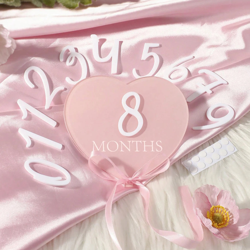 Ylsteed heart shaped pink baby monthly milestone signs pink ribbon newborn monthly photo props  matching with number 0-12