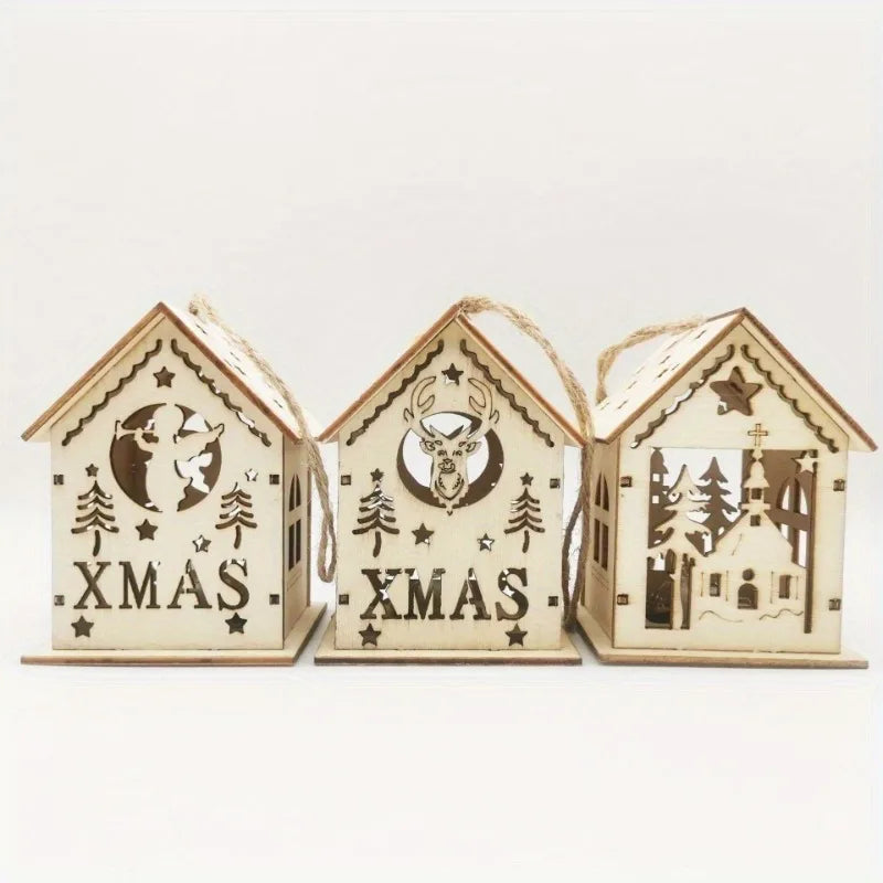 Christmas Wooden Crafts Wooden Christmas Small House Cabin Lighting Ornaments Pendant Christmas Tree Decoration
