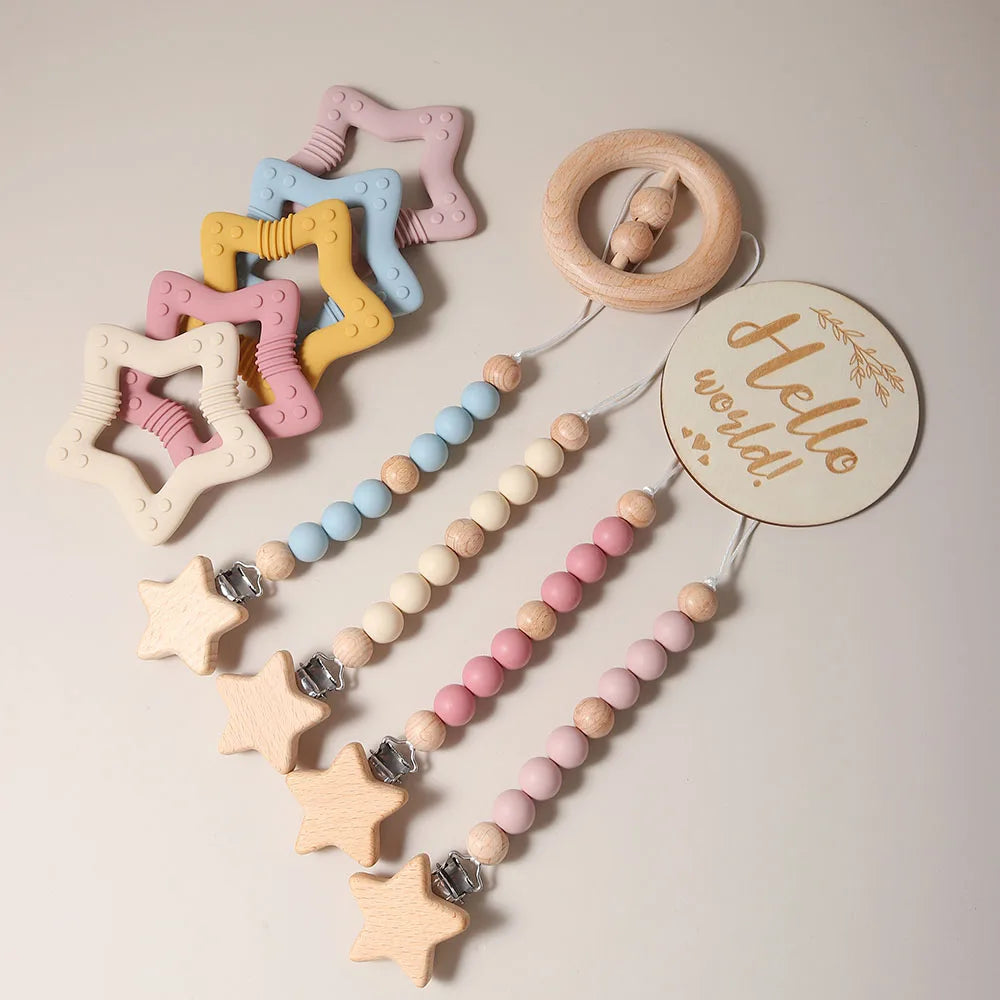 100% Organic Cotton baby bath brush set toy flamingo teether rattle milestone newborn Baby Gift Set