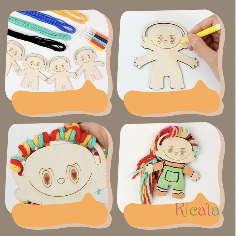Girls Wooden DIY Craft Kit Toy Educational Handmade Braided Hair Painted Craft Christmas Birthday Gift for Kids