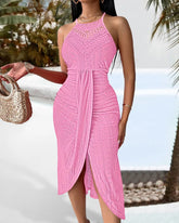 Summer Womens Halter Hollow Front Slit Ruched Maxi Dress