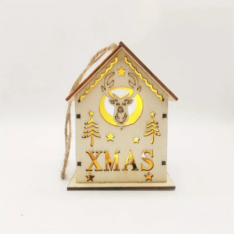 Christmas Wooden Crafts Wooden Christmas Small House Cabin Lighting Ornaments Pendant Christmas Tree Decoration