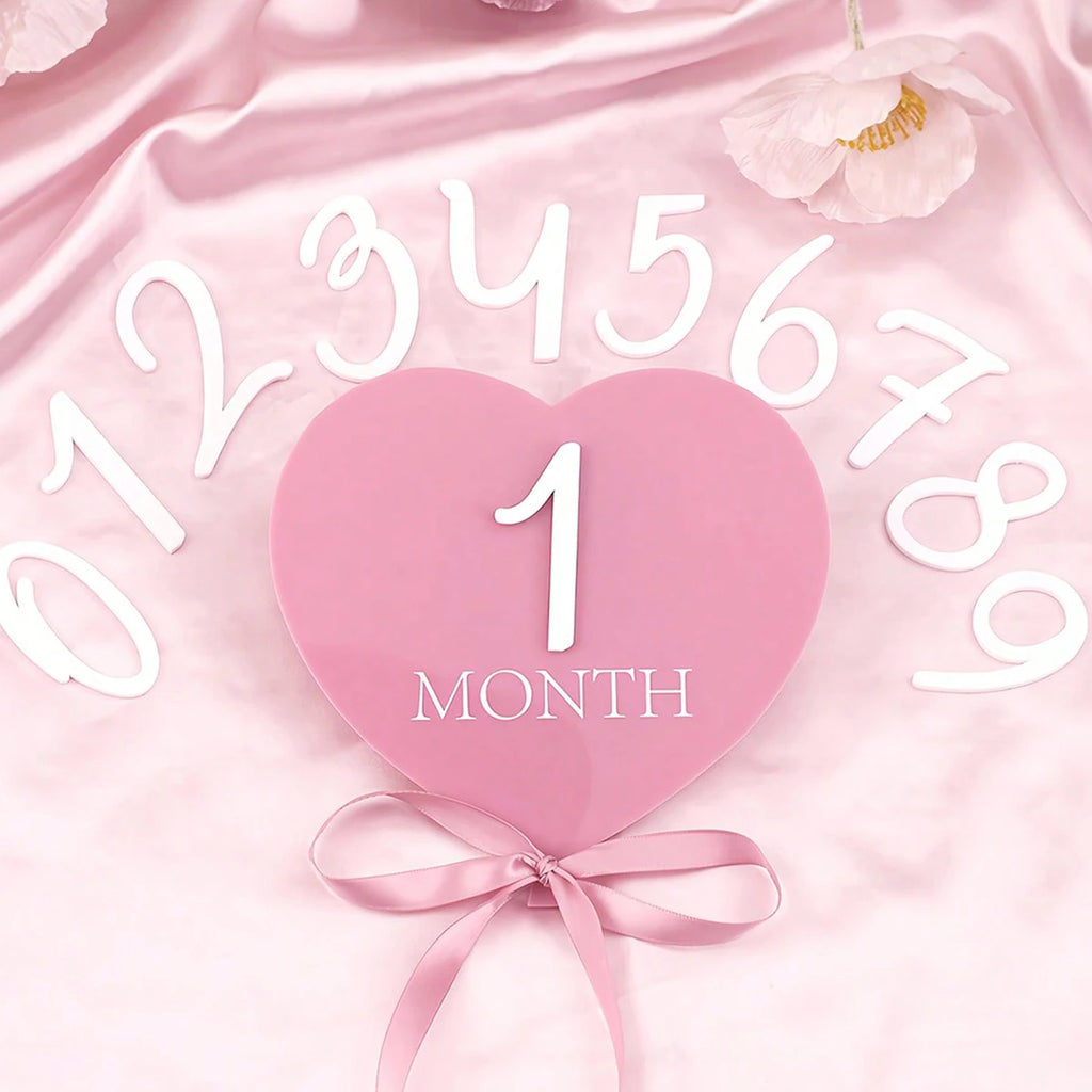 Ylsteed heart shaped pink baby monthly milestone signs pink ribbon newborn monthly photo props  matching with number 0-12