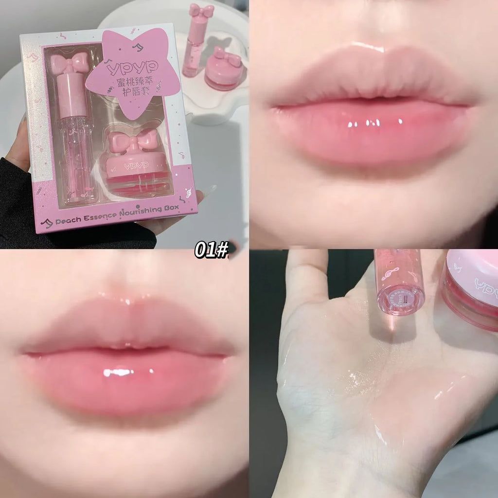 Two piece set of moisturizing lip gloss lip mask set, long-lasting moisturizing and glossy smooth makeup set