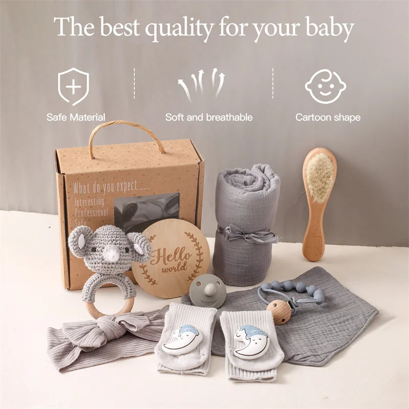 Baby Bath Set Blanket Wooden Brush Newborn Milestones Monthly Cards Bath Toys for Babies Infant Photograph Props Birth Gifts Box