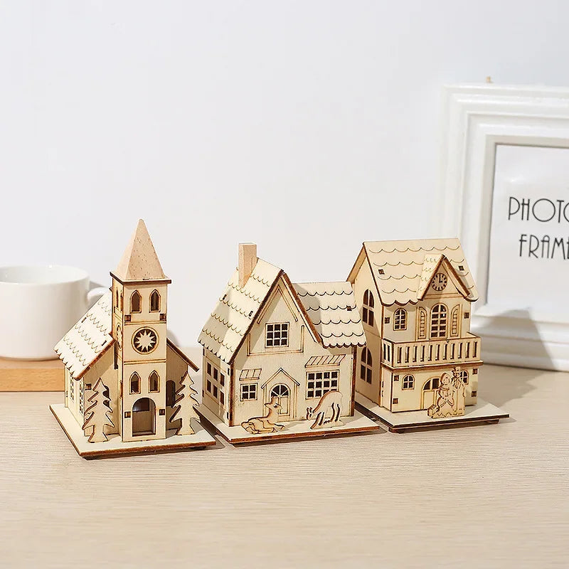Christmas LED Light Wooden House Village Unfinished Wood Xmas Village Ornament Luminous Christmas Desktop Holiday Home Decor
