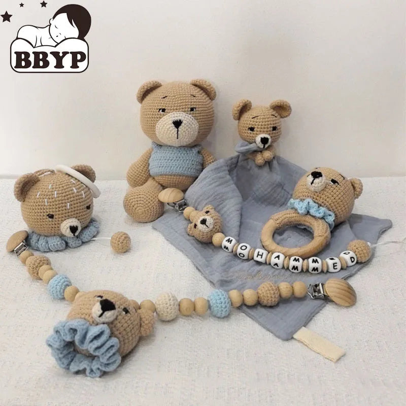Personalization Crochet Animal Baby Towel Toy Wooden Newborn toys Bear Stuffed Doll Cotton Towel Sleeping dolls
