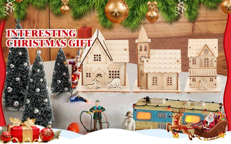 Christmas LED Light Wooden House Village Unfinished Wood Xmas Village Ornament Luminous Christmas Desktop Holiday Home Decor