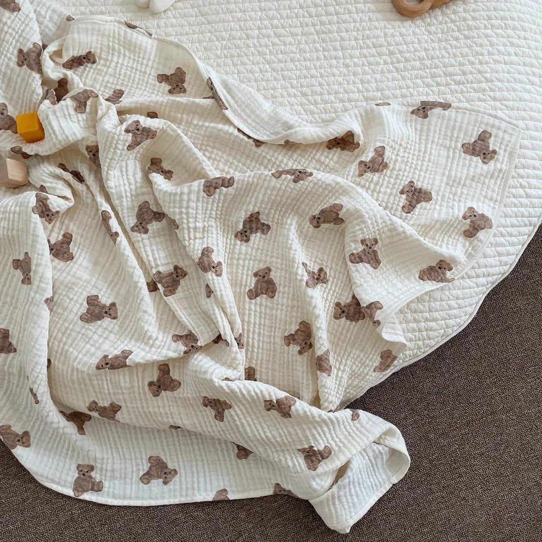 Baby Bath Towel 90cmX130cm Bear Print Blanket Muslin Breathable Infant Cotton Gauze Swaddle Wrap Bedding Baby Stroller Cover
