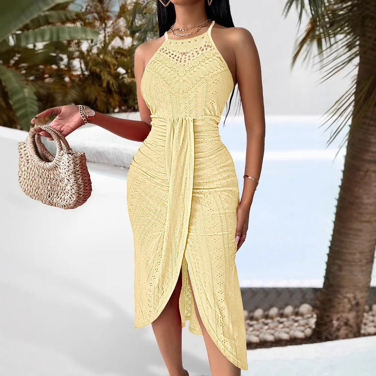 Summer Womens Halter Hollow Front Slit Ruched Maxi Dress