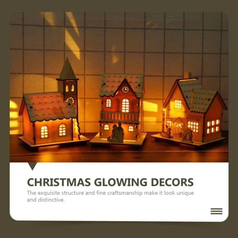 Christmas LED Light Wooden House Village Unfinished Wood Xmas Village Ornament Luminous Christmas Desktop Holiday Home Decor