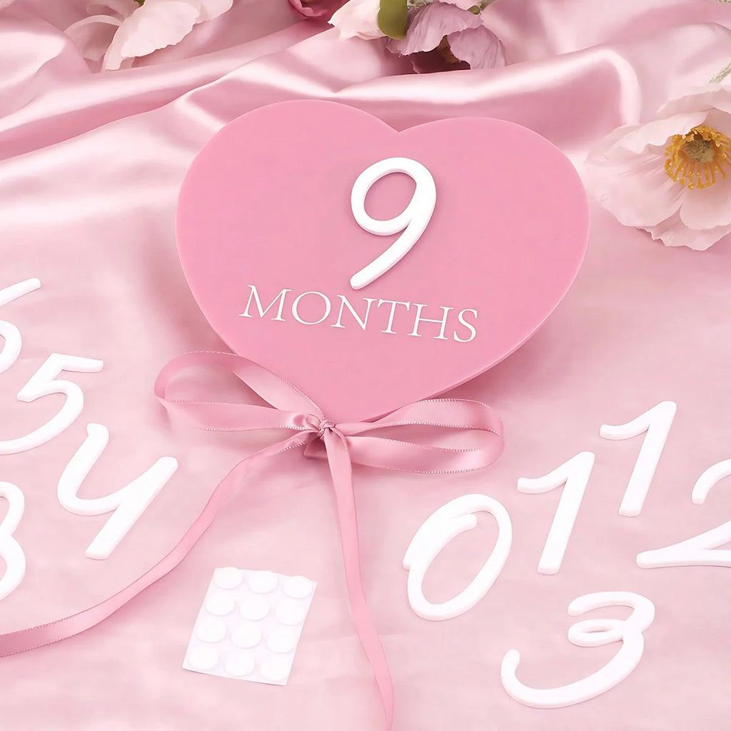 Ylsteed heart shaped pink baby monthly milestone signs pink ribbon newborn monthly photo props  matching with number 0-12