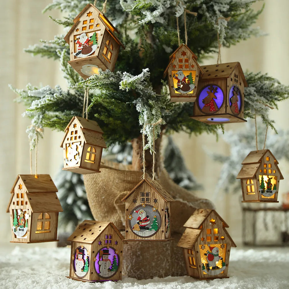 Christmas LED Light Wood House Cute Tree Hanging Pendant Window Decoration Ornaments Children's Handmade DIY Gift