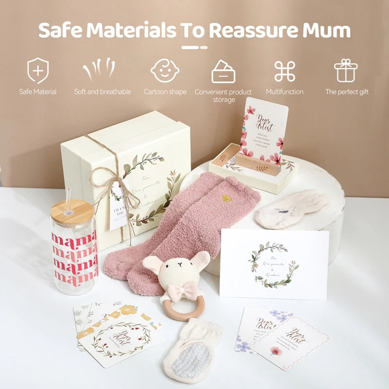 Baby Bathing Set Gift Box Cotton Socks Newborn Growth Memorial Card Wooden Bear Teether Wooden Rattle Baby Birth Gift