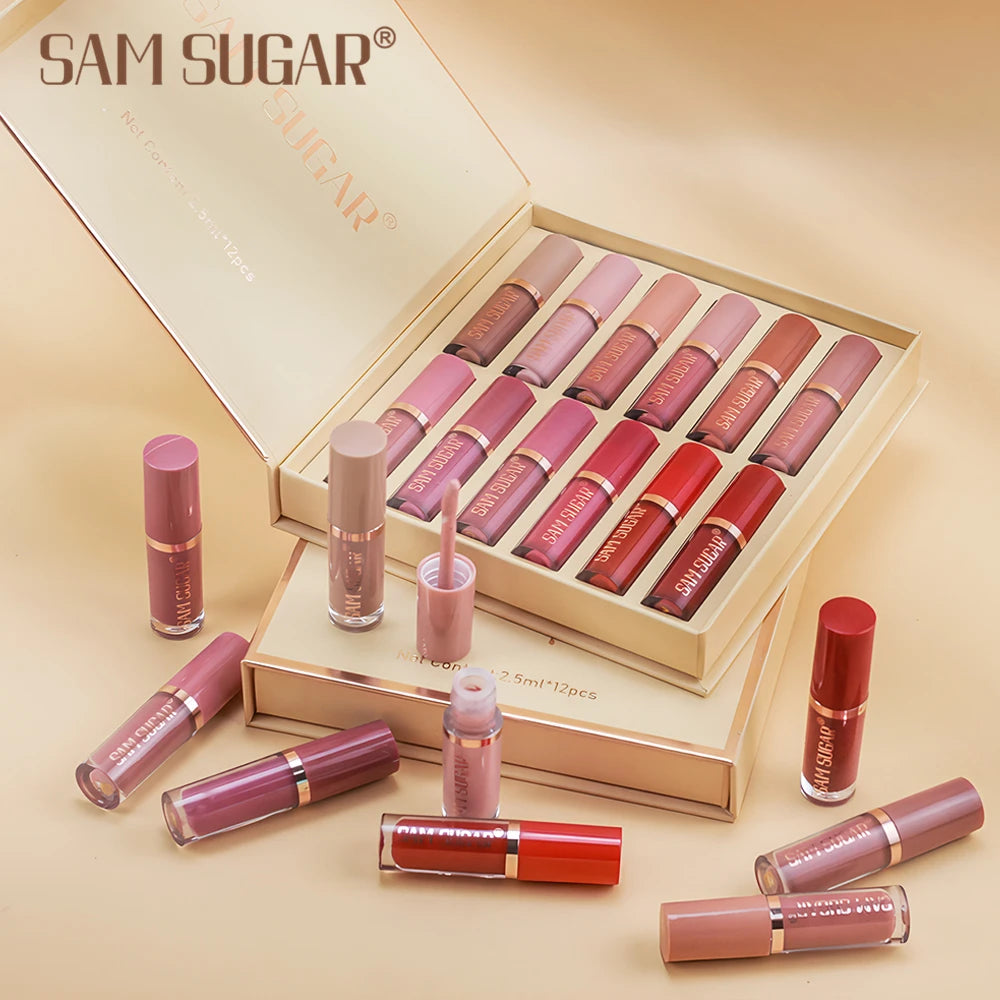 SAM SUGAR 12-Color Lip Gloss Lipstick Set Liquid Matte Velvet Women's Makeup Long-Lasting Waterproof Non-Stick Cup Non-Fade