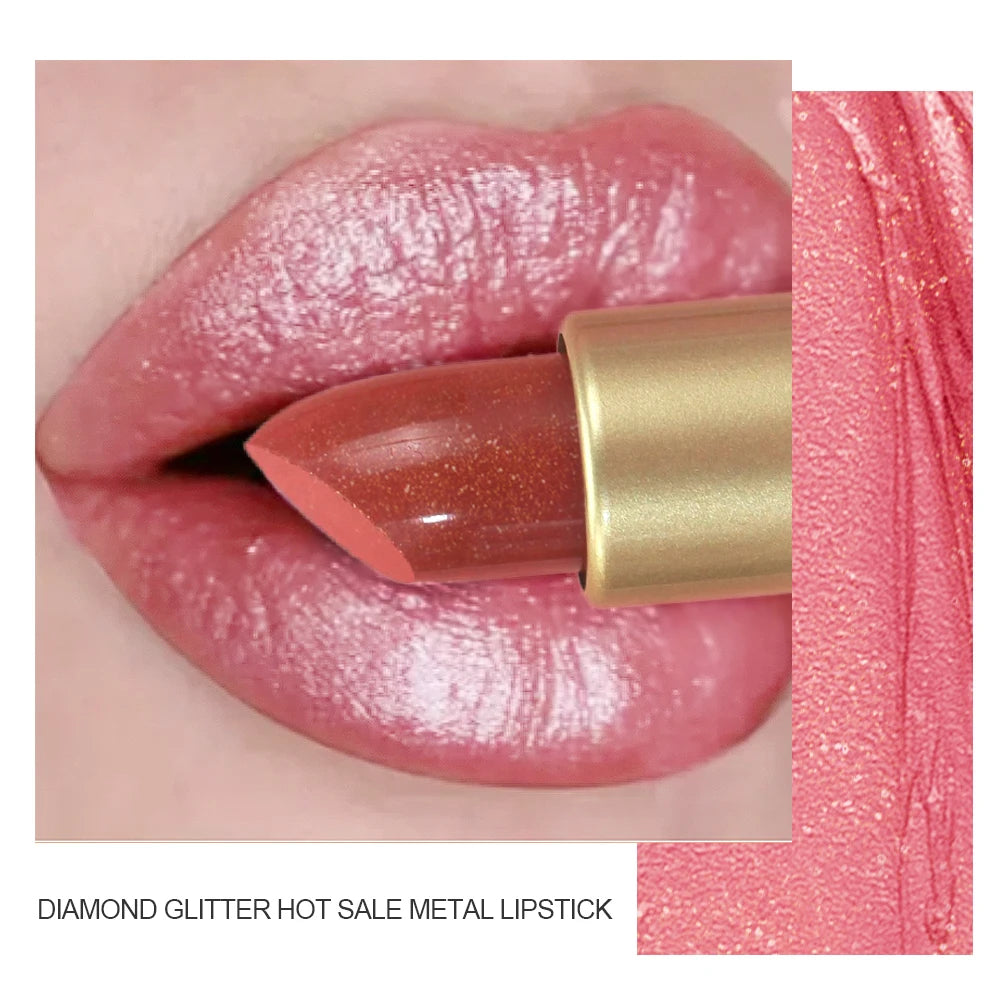 Pearlescent Pink Glitter Velvet Lipstick Metallic Waterproof Long Lasting Matte Shimmer Diamond Lipstick Women Makeup Cosmetic