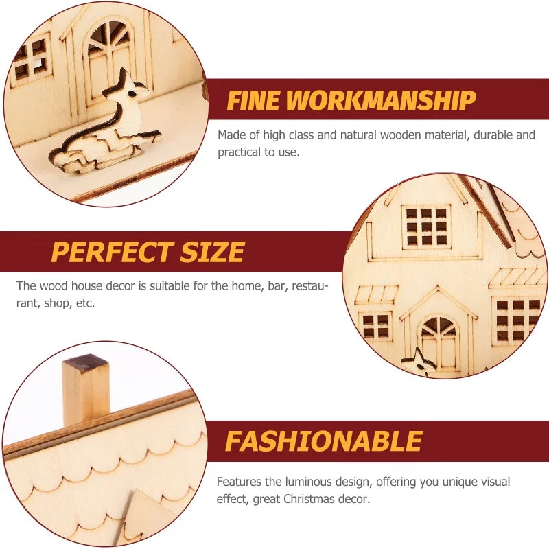 Christmas LED Light Wooden House Village Unfinished Wood Xmas Village Ornament Luminous Christmas Desktop Holiday Home Decor