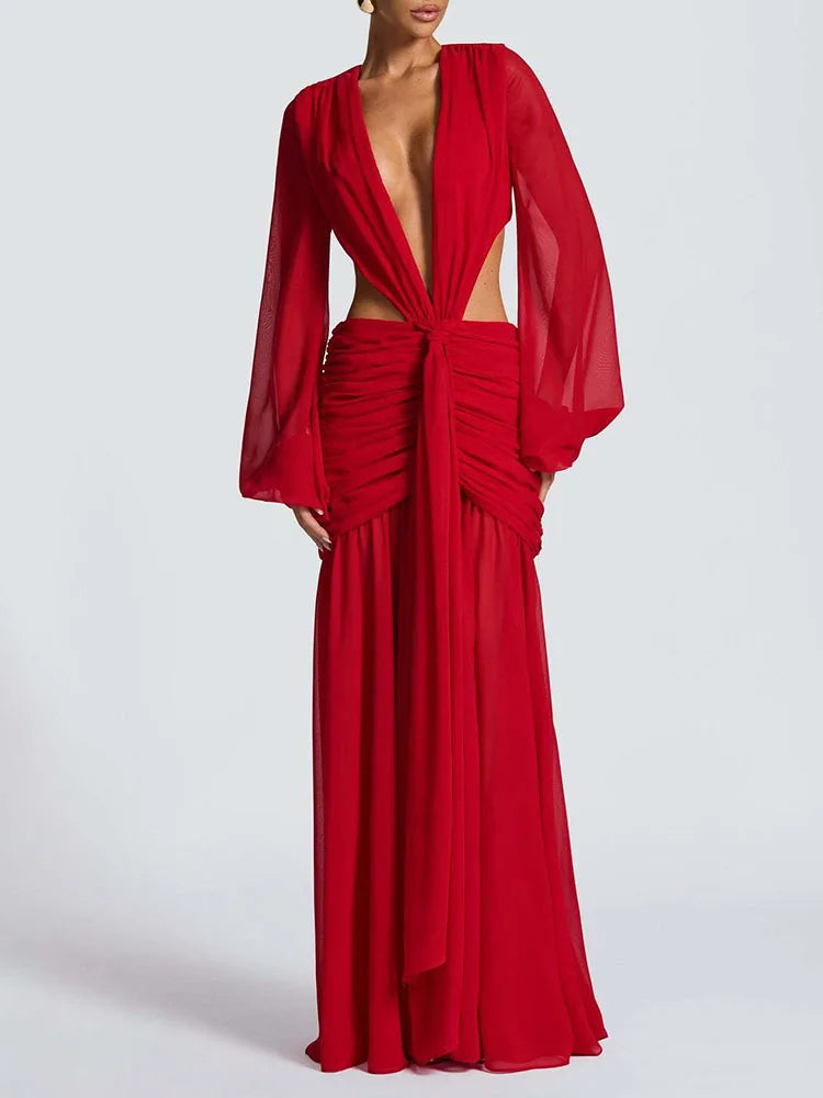 summer women deep v neck backless draped party dress