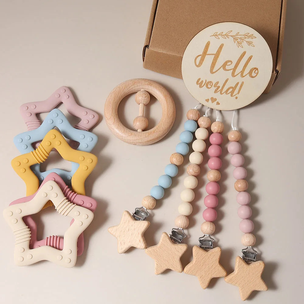 100% Organic Cotton baby bath brush set toy flamingo teether rattle milestone newborn Baby Gift Set