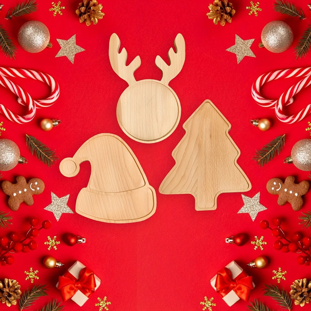 Christmas charm wooden appetizers for snacks, desserts and sweets, festive reindeer, tree and hat patterns, home decor