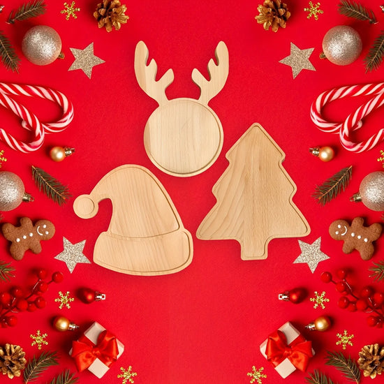 Christmas charm wooden appetizers for snacks, desserts and sweets, festive reindeer, tree and hat patterns, home decor
